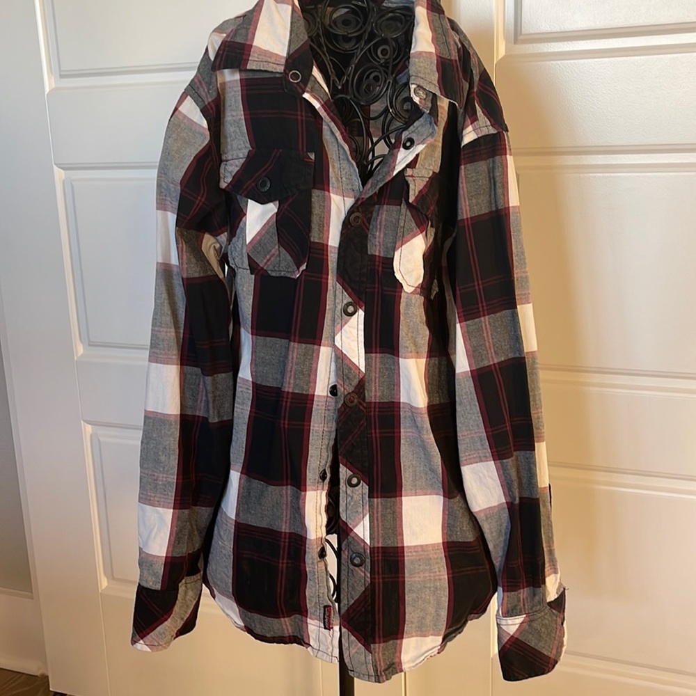 Boys button down long sleeve black white and burgundy shirt.
